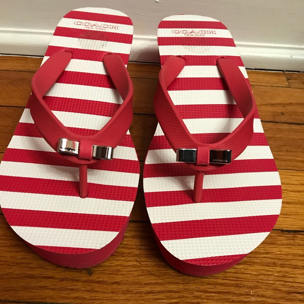 Pink and white stripe Coach Flip flops